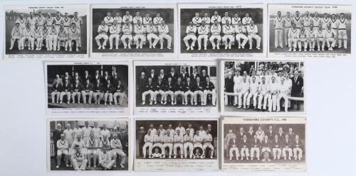 Yorkshire 1946-1956. Ten mono postcards, of which nine are real photographs, of Yorkshire teams of the period, players depicted seated and standing in rows. Teams are 1946 (A. Wilkes & Son, West Bromwich), 1947, 1948 (printed, pin holes to corners), 1949,