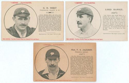 Yorkshire 1904 & 1905. Three &lsquo;Umpire Favourites&rsquo; postcards published by &lsquo;The Umpire: The Best Weekly Paper for General News and Sports&rsquo;. Each features a mono cameo portrait image of a Yorkshire player to left hand side and biography to right hand side. Pl