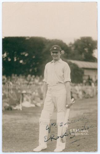Evelyn Rockley Wilson. Cambridge University, Yorkshire & England 1899-1923. Mono real photograph postcard of Wilson standing full length wearing batting attire and Yorkshire cap, assumed to be at Bournemouth. Nicely signed in ink to the photograph by Wils