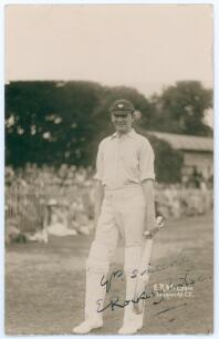 Evelyn Rockley Wilson. Cambridge University, Yorkshire & England 1899-1923. Mono real photograph postcard of Wilson standing full length wearing batting attire and Yorkshire cap, assumed to be at Bournemouth. Nicely signed in ink to the photograph by Wils