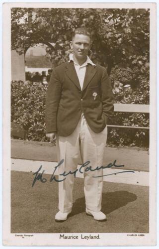 Maurice Leyland. Yorkshire & England 1920-1947. Sepia real photograph postcard of Leyland standing full length in cricket attire and Yorkshire blazer. Very nicely signed in ink by Leyland to the photograph. Photograph by Charles, Leeds. Postally unused. V