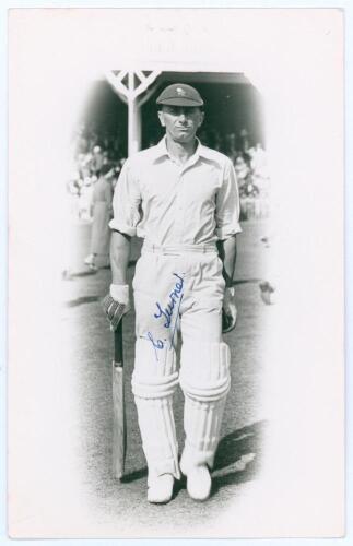 Cyril Turner. Yorkshire 1925-1946. Mono real photograph plain back postcard of Turner in cameo, full length walking out to bat at Scarborough. Nicely signed in blue ink by Turner to the photograph. Official stamp to verso for Walkers Studios, Scarborough.
