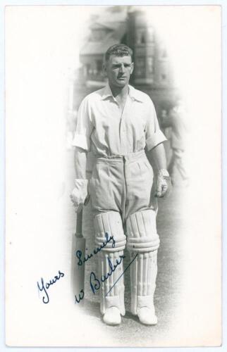 Wilfred &lsquo;Wilf&rsquo; Barber. Yorkshire & England 1926-1947. Mono real photograph postcard of Barber in cameo, full length walking out to bat at Scarborough. Nicely signed in blue ink by Barber to the photograph. Walkers Studios, Scarborough. Postally unused. Ve