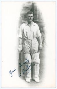 Wilfred &lsquo;Wilf&rsquo; Barber. Yorkshire & England 1926-1947. Mono real photograph postcard of Barber in cameo, full length walking out to bat at Scarborough. Nicely signed in blue ink by Barber to the photograph. Walkers Studios, Scarborough. Postally unused. Ve