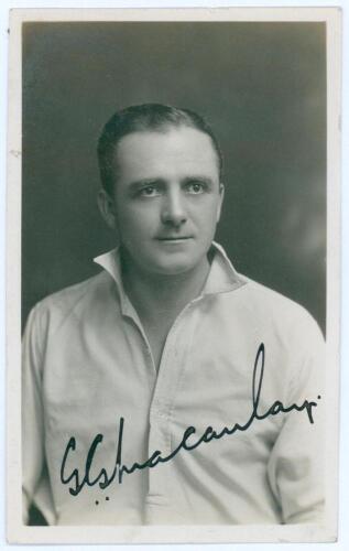 George Gibson Macaulay. Yorkshire & England 1920-1935. Excellent early mono real photograph postcard of a studio photograph of Macaulay, head and shoulders, wearing cricket attire. Very nicely and boldly signed in black ink to the photograph by Macaulay. 