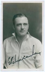 George Gibson Macaulay. Yorkshire & England 1920-1935. Excellent early mono real photograph postcard of a studio photograph of Macaulay, head and shoulders, wearing cricket attire. Very nicely and boldly signed in black ink to the photograph by Macaulay. 