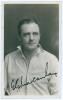 George Gibson Macaulay. Yorkshire & England 1920-1935. Excellent early mono real photograph postcard of a studio photograph of Macaulay, head and shoulders, wearing cricket attire. Very nicely and boldly signed in black ink to the photograph by Macaulay. 