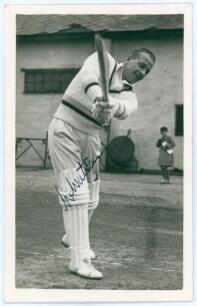 Willie Watson. Yorkshire, Leicestershire & England 1939-1964. Excellent mono real photograph plain back postcard of Watson full length in batting pose. Very nicely signed in black ink to the photograph by Watson. Photographer and location unknown. Postall