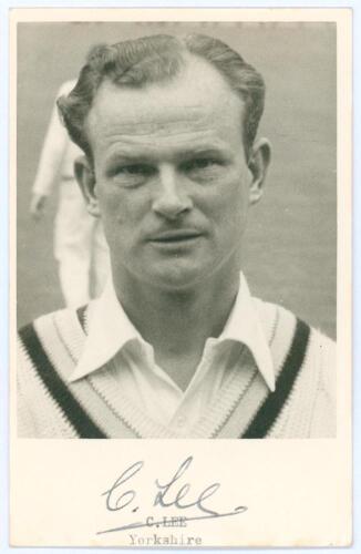Charles Lee. Yorkshire & Derbyshire 1952-1964. Mono real photograph plain back postcard of Lee, head and shoulders wearing cricket attire. Very nicely signed in black ink to the lower margin by Lee. Photographer unknown. Postally unused. Very good conditi