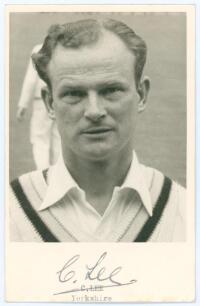 Charles Lee. Yorkshire & Derbyshire 1952-1964. Mono real photograph plain back postcard of Lee, head and shoulders wearing cricket attire. Very nicely signed in black ink to the lower margin by Lee. Photographer unknown. Postally unused. Very good conditi