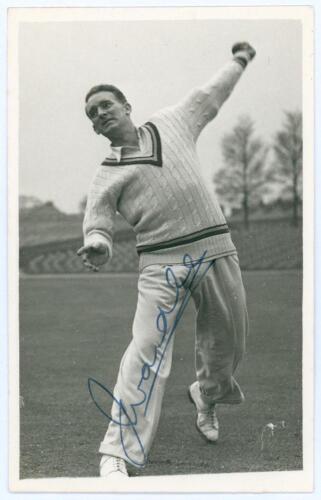 John Henry &lsquo;Johnny&rsquo; Wardle. Yorkshire & England 1946-1958. Mono real photograph plain back postcard of Wardle, full length in bowling pose. Very nicely signed in blue ink to the photograph by Wardle. Photographer and location unknown. Postally unused. Ver