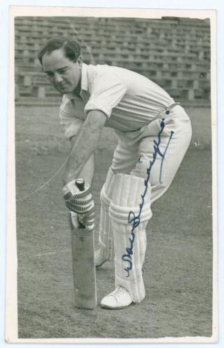 William Herbert Hobbs &lsquo;Billy&rsquo; Sutcliffe. Yorkshire 1948-1959. Mono real photograph plain back postcard of Sutcliffe, full length in batting pose. Very nicely signed in blue ink to the photograph by Sutcliffe. Photographer and location unknown. Postally un