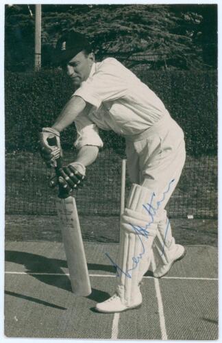 Leonard &lsquo;Len&rsquo; Hutton. Yorkshire & England 1934-1955. Mono real photograph advertising postcard of Hutton, full length in batting pose in the nets. Nicely signed in blue ink to the photograph by Sutcliffe. Printed advertisement to verso for Len Hutton&rsquo;s &lsquo;C