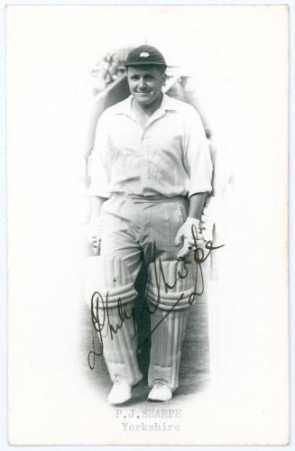 Philip John &lsquo;Phil&rsquo; Sharpe. Yorkshire, Derbyshire & England 1956-1976. Mono real photograph postcard of Sharpe full length wearing batting attire in cameo. Nicely signed in black ink to the photograph by Sharpe. Official stamp to verso for Walkers Studios,