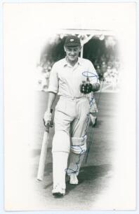 Raymond &lsquo;Ray&rsquo; Illingworth. Yorkshire, Leicestershire & England 1951-1983. Mono real photograph postcard of a youthful Illingworth full length wearing batting attire and Yorkshire cap in cameo, c.1955. Nicely signed in blue ink to the photograph by Illingw