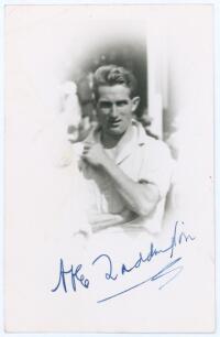 Abraham &lsquo;Abe&rsquo; Waddington. Yorkshire & England 1919-1927. Mono real photograph postcard of Waddington half length wearing cricket attire in cameo. Nicely signed in blue ink to the photograph by Waddington. Official stamp for Walkers Studios, Scarborough to