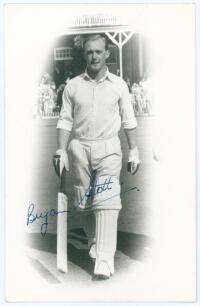 William Bryan Stott. Yorkshire 1952-1963. Mono real photograph postcard of Stott full length walking out to bat at Scarborough in cameo. Dated 1957. Nicely signed in blue ink to the photograph by Stott. Walkers Studios, Scarborough. Postally unused. Very 