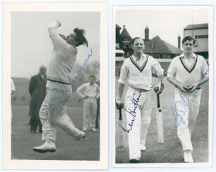 Frederick Sewards &lsquo;Fred&rsquo; Trueman. Yorkshire & England 1949-1969. Two mono real photograph plain back postcards of Trueman, one full length in bowling pose by Photo Press, Leeds, signed to the photograph by Trueman. The other of Trueman and Len Hutton walk