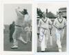 Frederick Sewards &lsquo;Fred&rsquo; Trueman. Yorkshire & England 1949-1969. Two mono real photograph plain back postcards of Trueman, one full length in bowling pose by Photo Press, Leeds, signed to the photograph by Trueman. The other of Trueman and Len Hutton walk