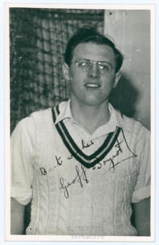 Geoffrey Boycott. Yorkshire & England 1962-1986. Mono real photograph plain back postcard of a youthful Boycott, half length wearing cricket attire and spectacles. Official stamp to verso for The Yorkshire Post. Signed to the photograph in ink by Boycott.
