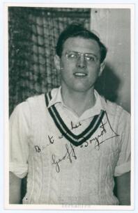 Geoffrey Boycott. Yorkshire & England 1962-1986. Mono real photograph plain back postcard of a youthful Boycott, half length wearing cricket attire and spectacles. Official stamp to verso for The Yorkshire Post. Signed to the photograph in ink by Boycott.