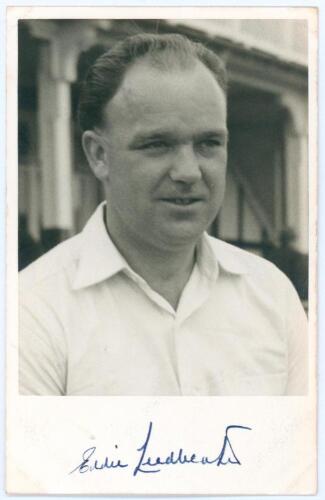 Eric &lsquo;Eddie&rsquo; Leadbeater. Yorkshire, Warwickshire & England 1949-1958. Mono real photograph plain back postcard of Leadbeater, head and shoulders wearing cricket attire. Signed in ink to the lower margin by Leadbeater. Photographer unknown. Good/ very good