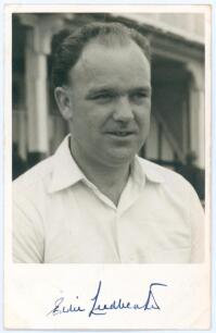 Eric &lsquo;Eddie&rsquo; Leadbeater. Yorkshire, Warwickshire & England 1949-1958. Mono real photograph plain back postcard of Leadbeater, head and shoulders wearing cricket attire. Signed in ink to the lower margin by Leadbeater. Photographer unknown. Good/ very good