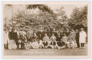 &lsquo;Kent v All Indians. July 1911&rsquo;. Rare sepia real photograph postcard of the two teams and officials seated and standing in rows in cricket attire and blazers for the match played at Catford, 3rd & 4th July 1911. W.G. Grace attended and is seated in the mi