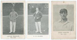 Kent c.1908. Three early mono postcards of individual Kent players with printed titles to lower border. Players are &lsquo;Captain Marsham&rsquo; and &lsquo;R.N.R. Blaker&rsquo; both standing full length in cricket attire and blazer. Also &lsquo;Young [Frank] Woolley&rsquo;, head and should