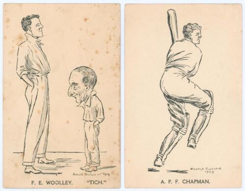 Kent 1929. Two unusual mono postcards of Kent players, both from the same series of caricatures by Ronald Sinclair, dated 1929. One of Frank Woolley and &lsquo;Tich&rsquo; Freeman standing full length facing each other, the other of Percy Chapman in batting pose. Som