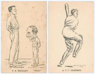 Kent 1929. Two unusual mono postcards of Kent players, both from the same series of caricatures by Ronald Sinclair, dated 1929. One of Frank Woolley and &lsquo;Tich&rsquo; Freeman standing full length facing each other, the other of Percy Chapman in batting pose. Som