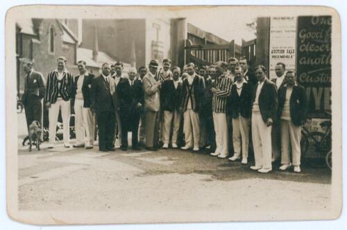 Kent at Herne Bay 1932. Mono real photograph postcard of the players congregated together at the entrance to the ground, all wearing cricket attire and blazers. Inscription in ink to verso describes &lsquo;Herne Bay C.C. v full Kent XI, May 1932. Group includes