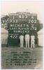 &lsquo;Kent v. Essex, Brentwood May 31st 1934&rsquo;. Record score. Sepia real photograph postcard depicting Bill Ashdown, Les Ames and Frank Woolley standing in front of the scoreboard, Kent having recorded their record County Championship score of 803 for four wick