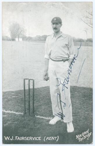 William John &lsquo;Bill&rsquo; Fairservice. Kent 1902-1921. Mono postcard of Fairservice standing full length at the wicket, ball in hand, wearing cricket attire and Kent cap. Nicely signed in ink to the image by Fairservice. Mockford of Tonbridge. Postally unused. 