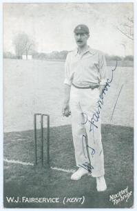 William John &lsquo;Bill&rsquo; Fairservice. Kent 1902-1921. Mono postcard of Fairservice standing full length at the wicket, ball in hand, wearing cricket attire and Kent cap. Nicely signed in ink to the image by Fairservice. Mockford of Tonbridge. Postally unused. 