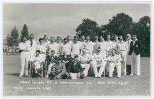 &lsquo;Kent County C.C. & Whitstable C.C. Sep. 2nd 1950&rsquo;. Mono real photograph plain back postcard of the two teams standing and seated wearing cricket attire on the outfield at Whitstable. Printed title to lower portion of the image. Photograph by Douglas West