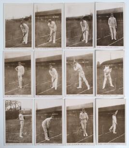 Kent C.C.C. c.1912. Twelve early sepia real photograph postcards of Kent cricketers depicted in different poses at the wicket. All Kingsway Real Photo Series. Players are C. Blythe in bowling pose, series no. S11379, G.C. Collins in batting pose, no. S113