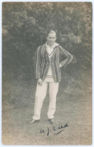 John Arthur &lsquo;Jack&rsquo; Deed. Kent 1924-1930. Sepia real photograph postcard of Deed standing full length wearing cricket attire and striped blazer. Nicely signed in black ink to the photograph &lsquo;A.J. Deed&rsquo;. B. & W. Fisk-Moore of Canterbury. Postally unused. Sl