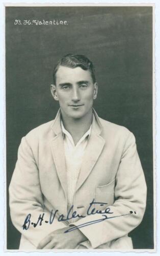 Bryan Herbert Valentine. Kent & England 1927-1948. Mono real photograph postcard of Valentine, half length, wearing blazer. Very nicely signed in ink to the photograph by Valentine. B. & W. Fisk-Moore of Canterbury. Deckled edges. Postally unused. Excelle