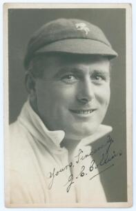 George Christopher Collins. Kent 1911-1928. Mono real photograph postcard of Collins, head and shoulders, wearing Kent cap. Nicely signed in ink to the photograph by Collins. Appears to be by Fisk-Moore of Canterbury. Postally unused. Minor soiling and sm