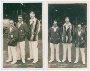 Kent 1928. Two excellent mono real photograph postcards, each depicting Les Ames, Percy Chapman and &lsquo;Tich&rsquo; Freeman standing together in two slightly different full length poses wearing cricket blazers. Both postcards by B.C. Flemons of Tonbridge. Postally