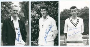 Kent 1950s/ 1960s. Three mono real photograph postcards of Kent cricketers, each depicted three quarter length wearing cricket attire and nicely signed to the photograph by the featured player. Subjects are John &lsquo;Jack&rsquo; Pettiford (Kent & New South Wales 19