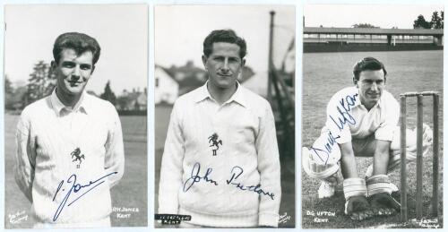 Kent 1950s/ 1960s. Three mono real photograph postcards of Kent cricketers, depicted wearing cricket attire and very nicely signed to the photograph by the featured player. Two subjects are three quarter length, Peter Henry Jones (Kent 1953-1967) wearing 