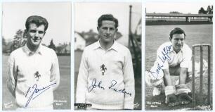 Kent 1950s/ 1960s. Three mono real photograph postcards of Kent cricketers, depicted wearing cricket attire and very nicely signed to the photograph by the featured player. Two subjects are three quarter length, Peter Henry Jones (Kent 1953-1967) wearing 
