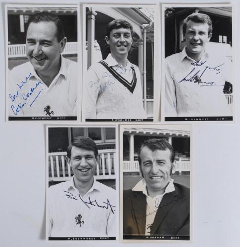Kent c.1970. Five mono real photograph postcards of Kent cricketers, each depicted head and shoulders wearing cricket attire and very nicely signed to the photograph by the featured player. Subjects are Brian William Luckhurst (Kent & England 1958-1985), 