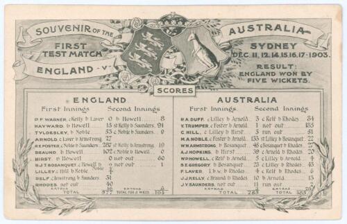 The Ashes. &lsquo;Souvenir of the First Test Match England v Australia&rsquo; 1903/04. Rare early mono postcard of the scorecard for the match played at Sydney, 11th- 17th December 1903, with ornate decorative borders, title and emblems. Publisher unknown. Postally u