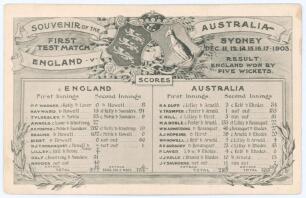 The Ashes. &lsquo;Souvenir of the First Test Match England v Australia&rsquo; 1903/04. Rare early mono postcard of the scorecard for the match played at Sydney, 11th- 17th December 1903, with ornate decorative borders, title and emblems. Publisher unknown. Postally u