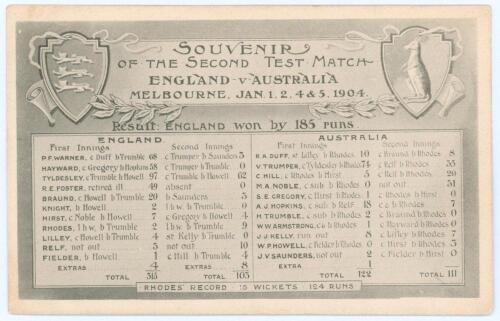 The Ashes. &lsquo;Souvenir of the Second Test Match England v Australia&rsquo; 1903/04. Rare early mono postcard of the scorecard for the match played at Melbourne, 1st- 5th January 1904, with ornate decorative borders, title and emblems. Publisher unknown. Postally 