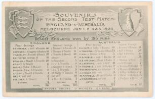 The Ashes. &lsquo;Souvenir of the Second Test Match England v Australia&rsquo; 1903/04. Rare early mono postcard of the scorecard for the match played at Melbourne, 1st- 5th January 1904, with ornate decorative borders, title and emblems. Publisher unknown. Postally 