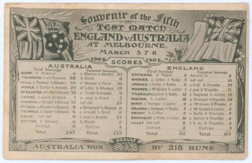 The Ashes. &lsquo;Souvenir of the Fifth Test Match England v Australia&rsquo; 1903/04. Rare early mono postcard of the scorecard for the match played at Melbourne, 5th- 8th March 1904, with ornate decorative borders, title and emblems. Publisher unknown. Postally unu